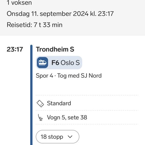 Togbillett Trondheim-Oslo nattog 11.september selges