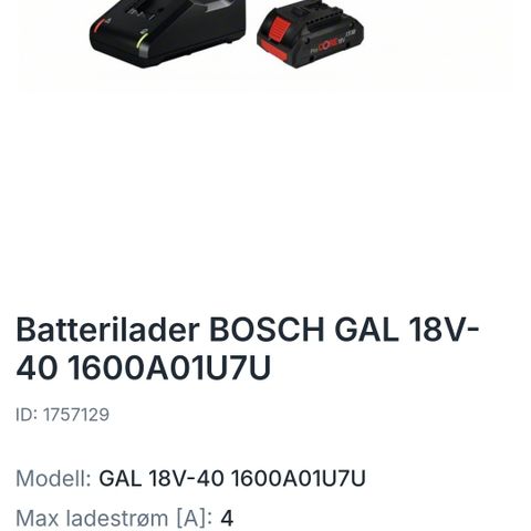 Bosch Lader og Batteri GAL18-40