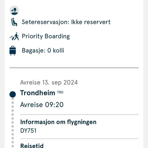 Flybillett Trondheim -Oslo 13.september . Enkeltbillett.