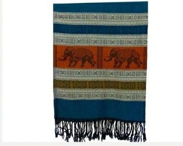 Vintage Cashmere Pashmina Elephants Fringe Blue Brown