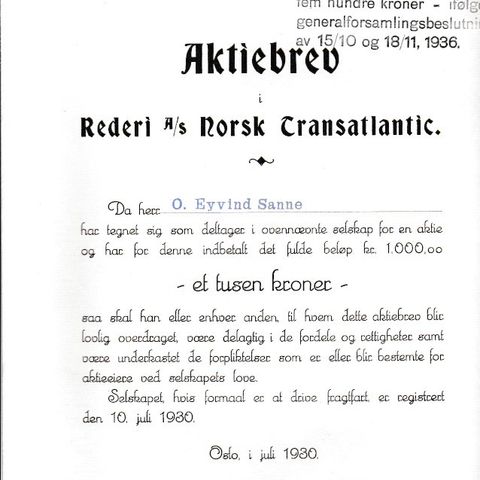 AKSJEBREV  I  REDDERI  A/S NORSK TRANSATLANTIC-  1930