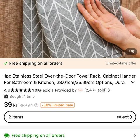 Stainless steel over door towel rack