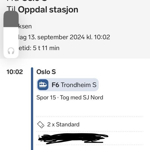 Togbillett Oslo-Oppdal 13:09.24 kl 10:02