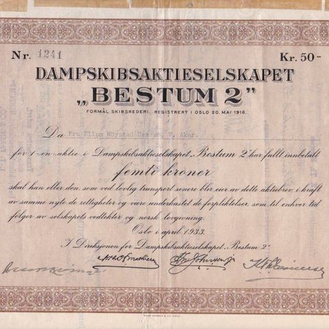 AKSJEBREV   DAMPSKIBSSELSKAPET  BESTUM 2 . datert Oslo 1933.