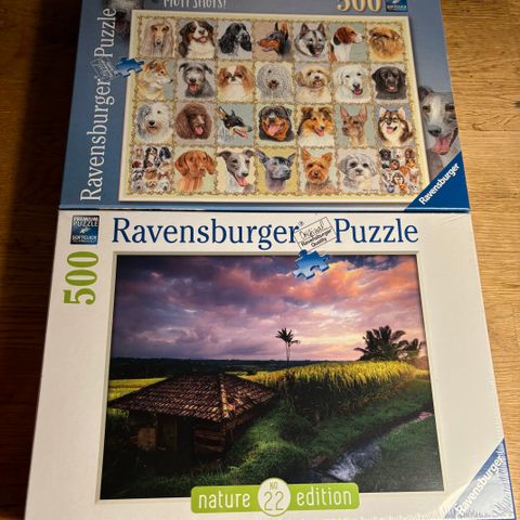 2 uåpnete ravensburger puslespill 500 brikker selges samlet