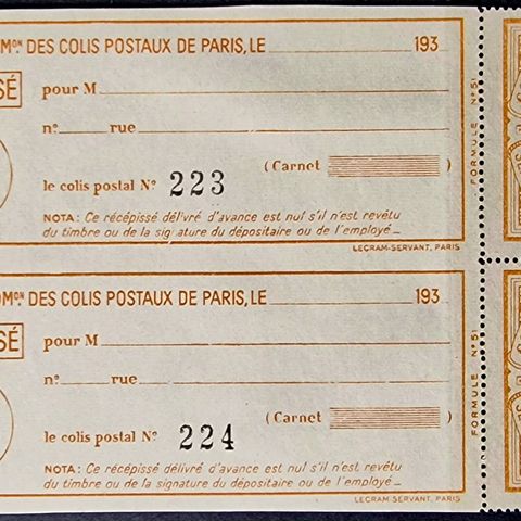 Frankrike 1934 Paris Pakkepost 2 Frank Frimerker Par - verdi €100,00