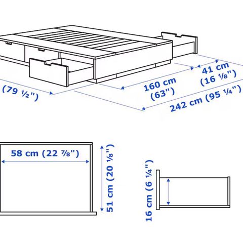 NORDLI IKEA sengeramme med oppbevaringsskuffer. 160 x 200