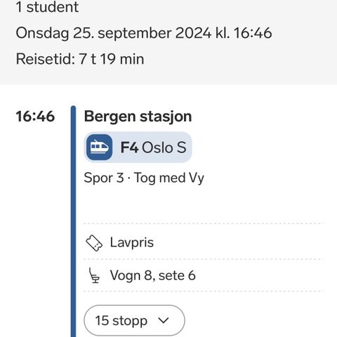 Vy Togbillett Bergen - Oslo 25.09.24