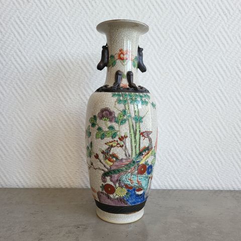 Kinesisk / Chinese Vase krakelert keramikk/ håndmalt