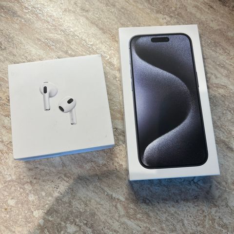 Nesten ubrukt iPhone 15 pro farge blå og AirPods 3generasjon selges samlet