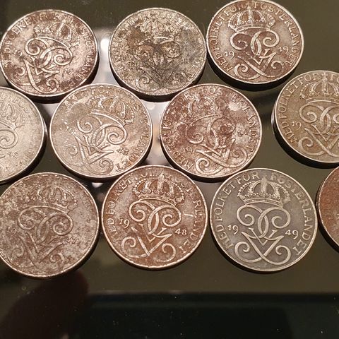 Sverige 1 Öre jern, 1917,18,19,42,43,44,45,46,47,48,49 og 1950.