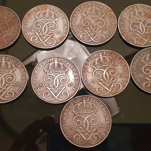 5 Öre jern, 1942,43,44,45,46,47,48,49 og 1950.