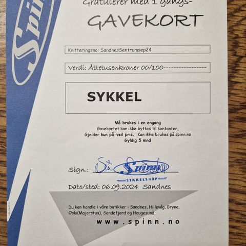 Gavekort Spinn Sykkelshop 8000 kr