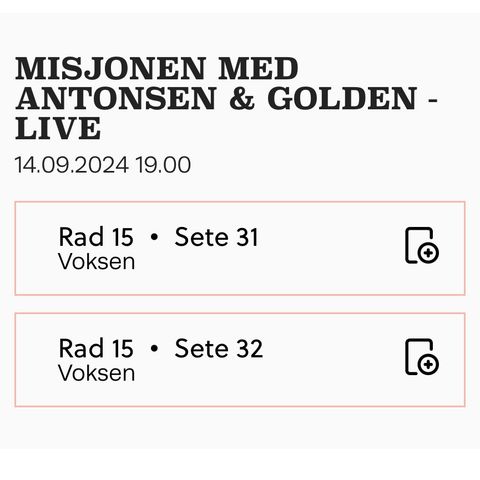 2 billetter til Misjonen Live, Oslo Konserthus