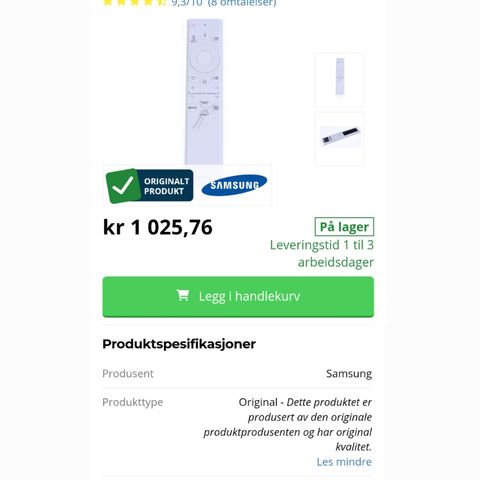 Originalt Samsung fjernkontroll BN59-01391B