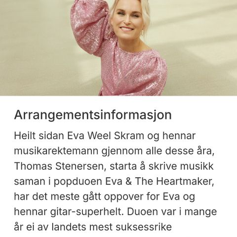 Selger en billett til konsert med Eva Weel Skram 14.september