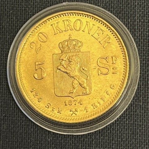 Norsk 20 kr 1874 Gull