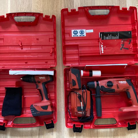 Hilti SFC 22-A batteridrill og Hilti TE 2-A22 borhammer med batterier og lader