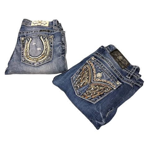 2par MissMe Jeans i god stand str.28/34 Blingz, Hestesko & Englevinger