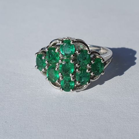 Brazilian Emerald Smaragd Platinum Plated Silver 925 Sølv Cluster Ring Str.54