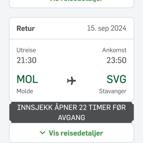 NY PRIS. Tur retur Stavanger Molde denne helgen.