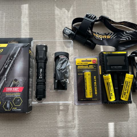 Nitecore P20 v2 lommelykt + HC33 hodelykt + batteri + lader