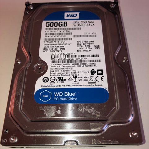 SATA 500 GB 32 MB Cache Western Digital harddisk, hard disk