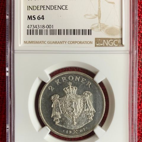 2 kroner 1907 - usirkulert - NGC-gradert til MS 64