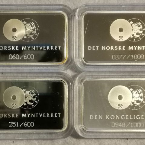 4 stk Norske sølvbarrer, 1 oz, 999 sølv.