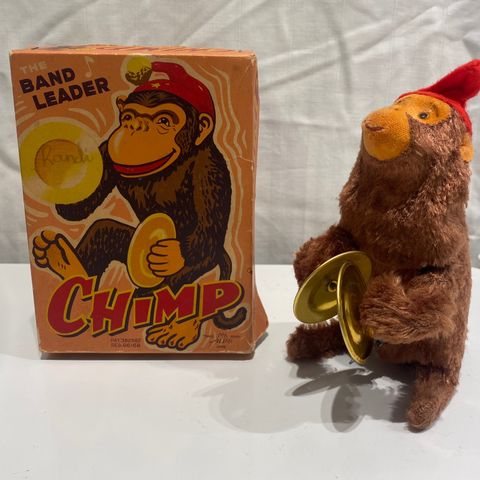 Mekanisk blikk-leke fra 1950-tallet. ‘The Band Leader - Chimp!’