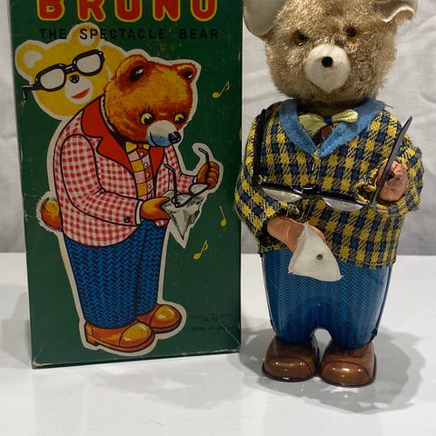 Mekanisk blikk-leke fra 1950-tallet! Bruno-The Spectacle Bear. Med original boks