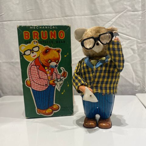 Mekanisk blikk-leke fra 1950-tallet! Bruno-The Spectacle Bear. Med original boks