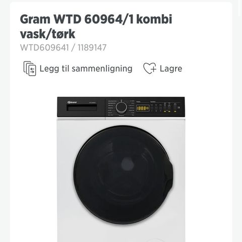 Vaskemaskin vask og tørk kombimaskin Gram