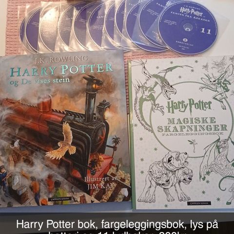 Harry Potter ting. Lydbok, bok, aktivitetsbok, lampe