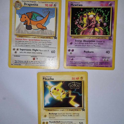 Pokemon kort - VINTAGE Dragonite, Pikachu og Mewtwo BLACK STAR PROMO