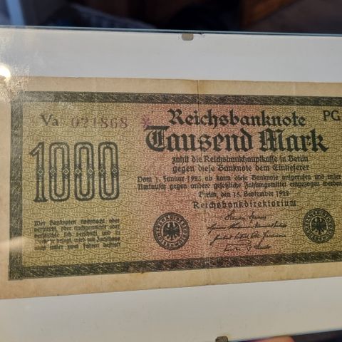 Innrammet Tysk 1000 Mark (1922) Reichsbanknote Seddel