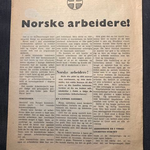 Oppslag/flyveblad i A4 format fra Nasjonal Samling. Quisling. 2. verdenskrig.