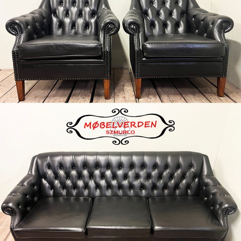 Renovert Salong 3s+1s+1s i Chesterfield stil / SVART