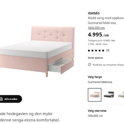 Ikea Idanäs seng og madrass.