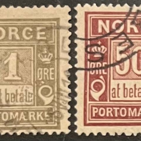 Norge frimerker stemplet, nk porto 1 + 5X, 1 og 50 øre portomerke 1889