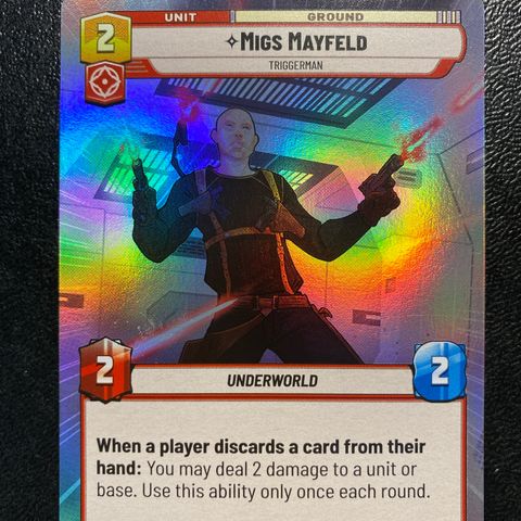 Migs Mayfeld rare hyperspace foil Star wars unlimited samlekort