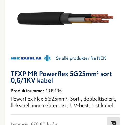 Strømkabel gummikabel 5g25mm2 CU 15,5m