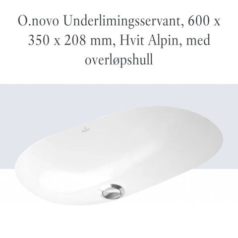 Servant for underliming (Villeroy & Boch O.novo , 600 x 350 x 208, m overløp)