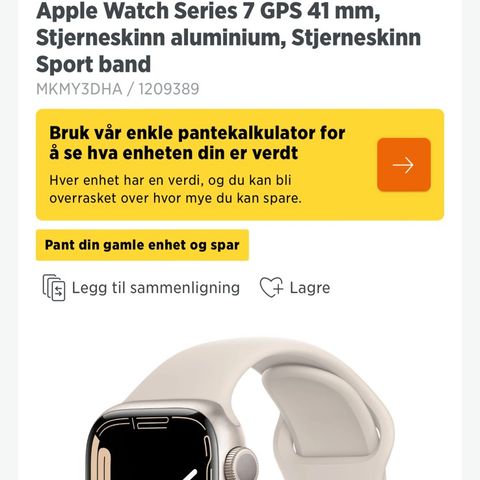 Apple watch series 7 GPS 41mm, stjernekinn aluminium, stjernekinn Sport band