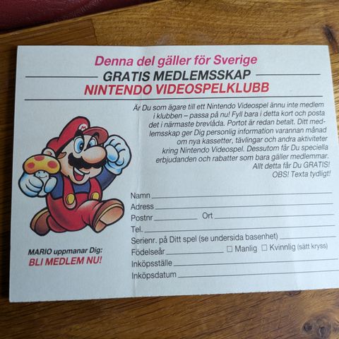 Nintendo Videospillklubb Innsendingskort