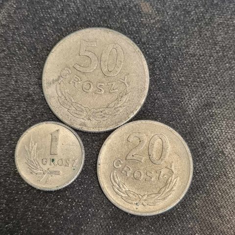 3 polske groszy mynter i aluminium, alle fra 1949