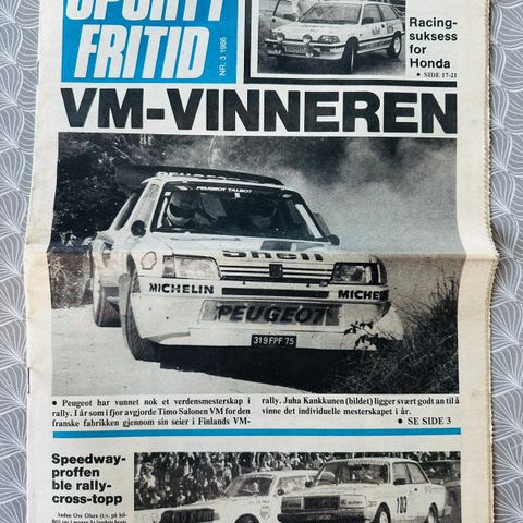 Avisen «Sporty fritid» - 1986 til salgs (om Peugeot, Honda rally)