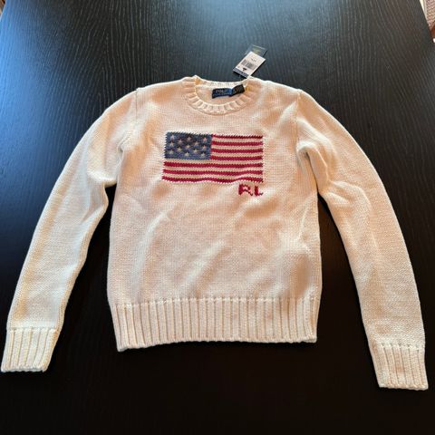 HELT NY POLO RALPH LAUREN FLAG COTTON CREWNECK JUMPER - STRIKKEGENSER - CREAM