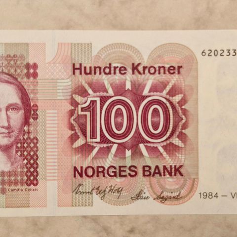 Seddel: 100 kr 1984-VI Camilla Collett