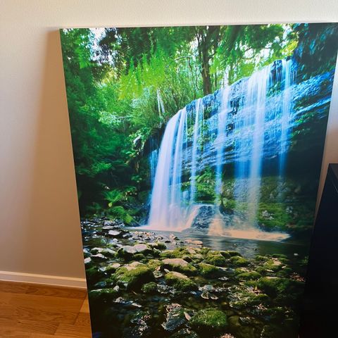 Vakkert maleri med frodig grønn natur og majestetisk foss